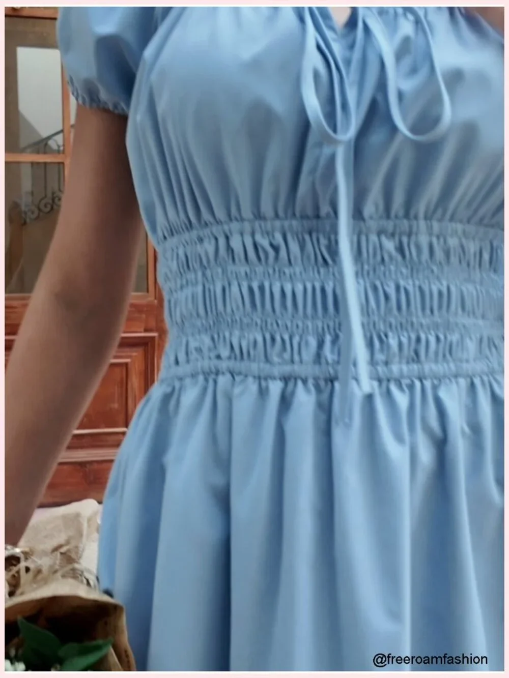 Short Puff Sleeve Midi Dress Scoop Neck A-Line Sundress with Pockets